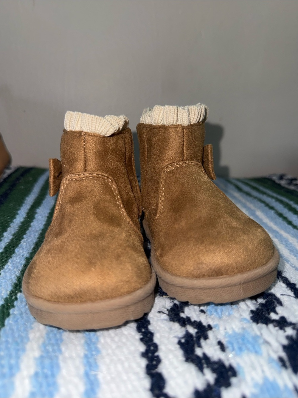 wonder nation Brown Suede Toddler Booties with Cream Knit Cuff